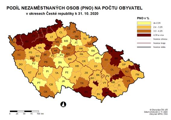 Podíl nezaměstnáných osob na počtu obyvatel v okresech ČR k 31. 10. 2020
