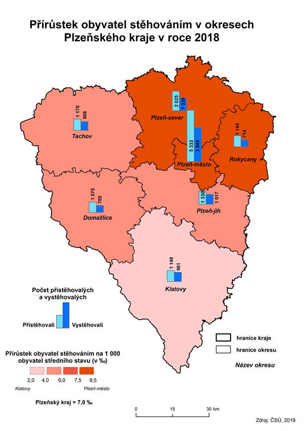 Kartogram: Přírůstek obyvatel stěhováním v okresech Plzeňského kraje v roce 2018