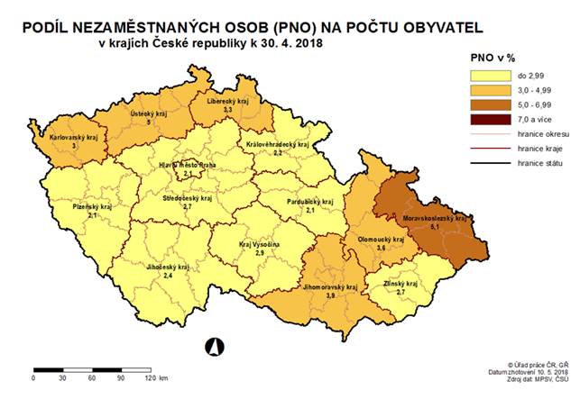 Podíl nezaměstnaných osob na počtu obyvatel v krajích ČR k 30. 4. 2018