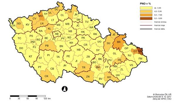 Mapa 1 Podíl nezaměstnaných osob (PNO) na počtu obyvatel v krajích ČR k 31. 12. 2017
