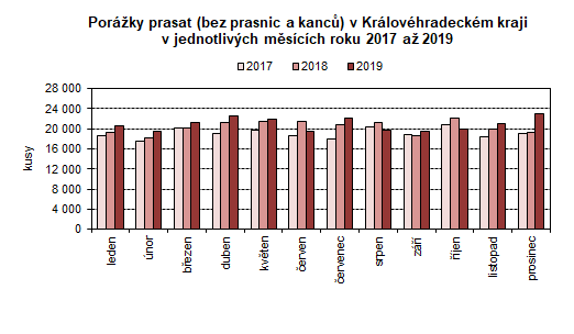 Graf: Porážky prasat v Královéhradeckém kraji v jednotlivých měsících roku 2017 až 2019