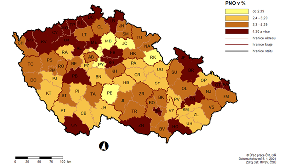Mapa Podíl nezaměstnaných osob (PNO) na počtu obyvatel v okresech ČR k 31. 12. 2020