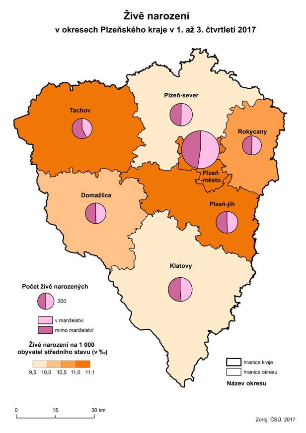 Kartogram: Živě narození v okresech Plzeňského kraje v 1. až 3. čtvrtletí 2017
