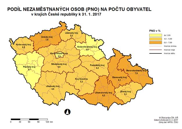 Podíl nezaměstnaných osob na počtu obyvatel v krajích ČR k 31. 1. 2017