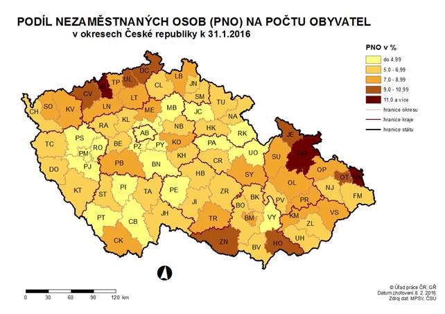 Podíl nezaměstnaných osob na počtu obyvatel v okresech ČR k 31. 1. 2016
