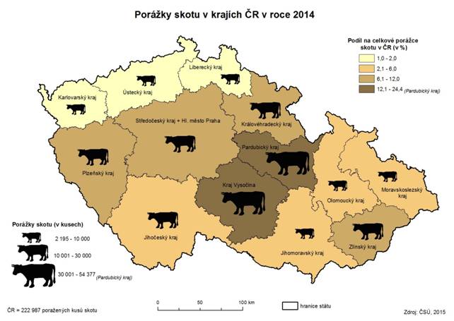 Kartodiagram: Porážky skotu v krajích ČR v roce 2014