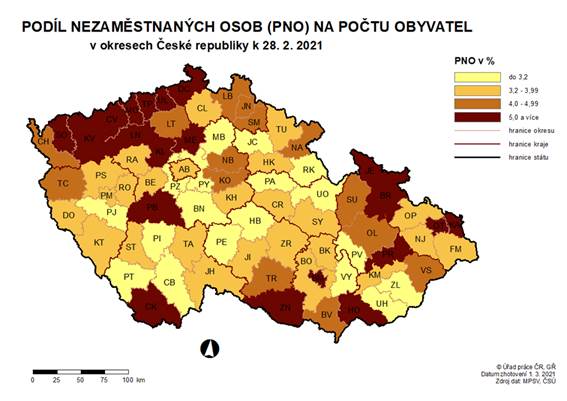 Podíl nezaměstnaných osob na počtu obyvatel v okresech ČR k 28.2.2021