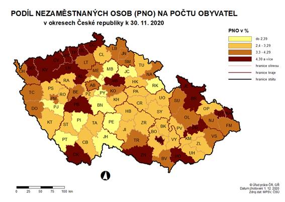 Podíl nezaměstnaných osob na počtu obyvatel v okresech ČR k 30.11. 2020