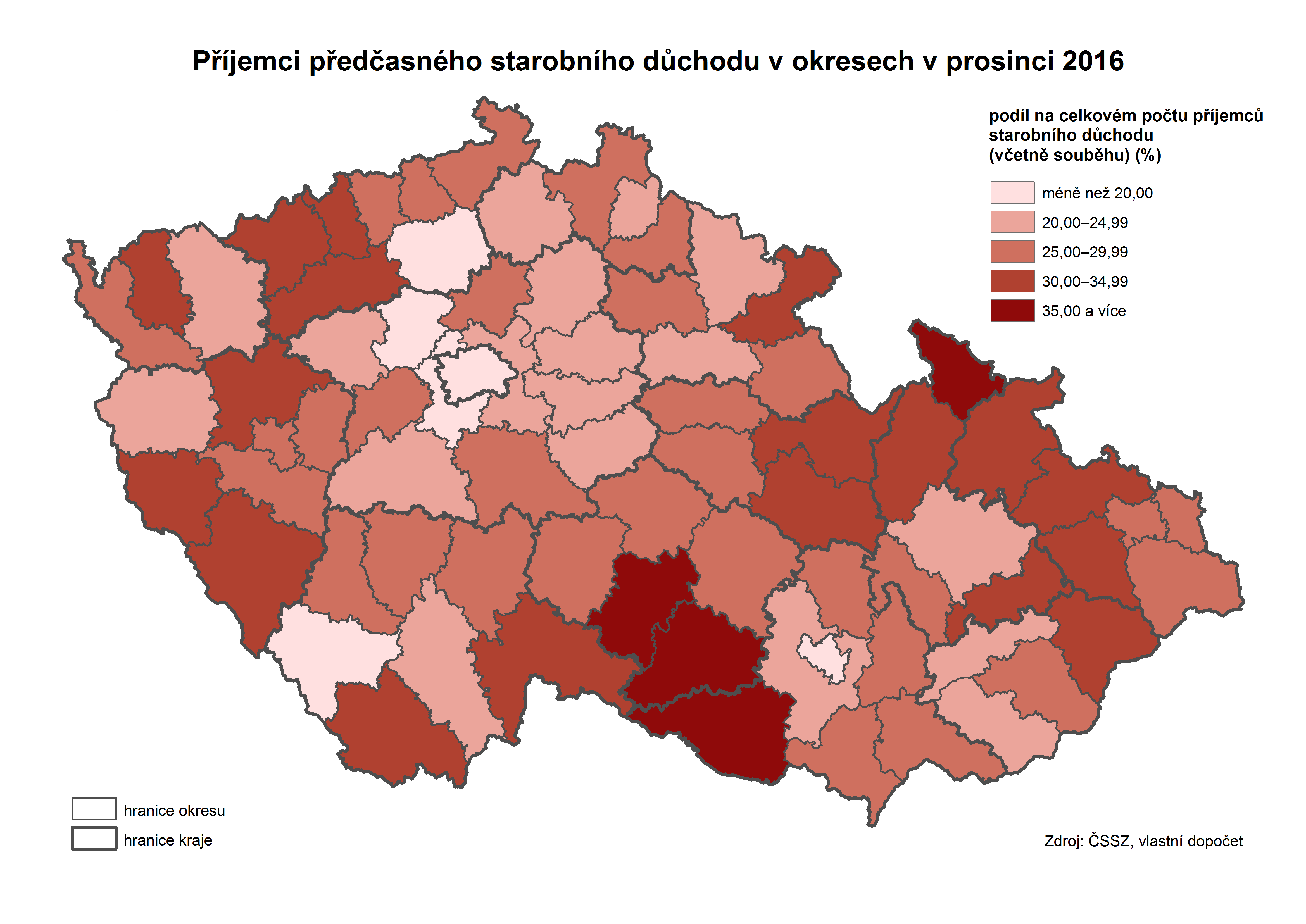 Příjemci předčasného starobního důchodu v okresech v prosinci 2016