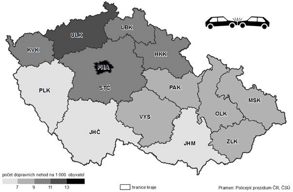 Kartogram: Dopravní nehody v krajích ČR v roce 2017