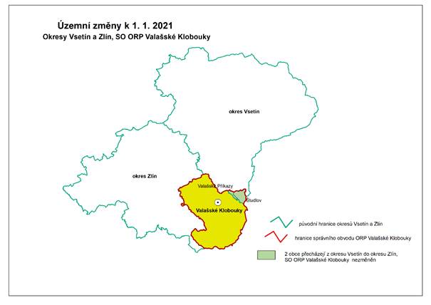 Mapka: Územní změny k 1. 1. 2021 - OkresyVsetín a Zlín