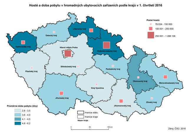 Kartogram: Hosté a doba pobytu v hromadných ubytovacích zařízeních podle krajů v 1. čtvrtletí 2016