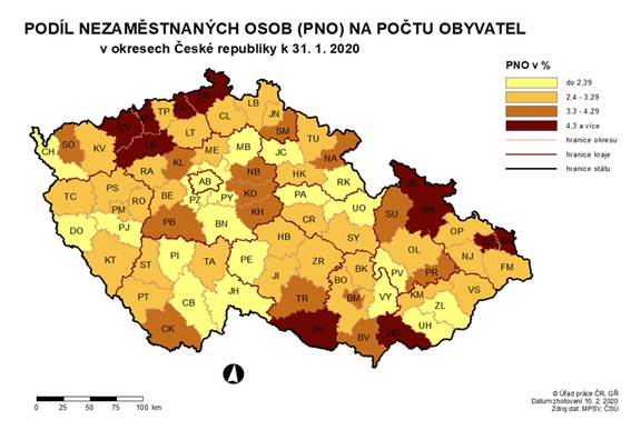 Podíl nezaměstnaných osob na počtu obyvatel v okresech ČR k 31. 1. 2020