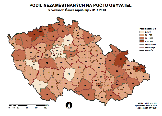 Podíl nezaměstnaných na počtu obyvatel v okresech ČR k 31.7.2013