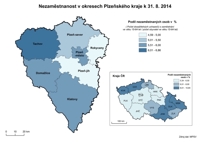 Nezaměstnanost v okresech Plzeňského kraje k 31. 8. 2014