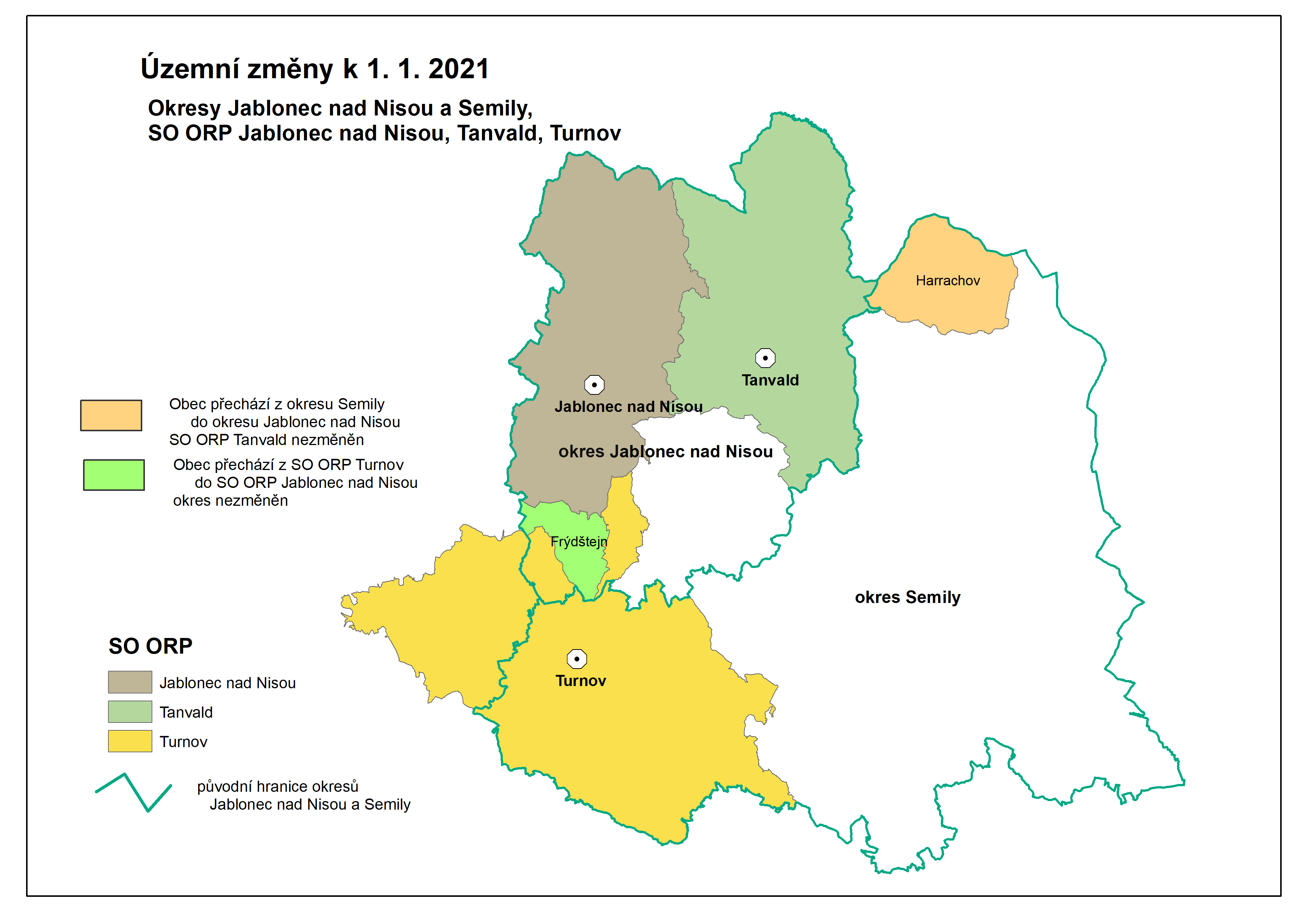 Kartogram - Územní změny v okresech Jablonec nad Nisou a Semily k 1. 1. 2021 