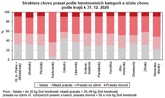 Graf - Struktura chovu prasat podle hmotnostních kategorií a účelu chovu podle krajů k 31. 12. 2020
