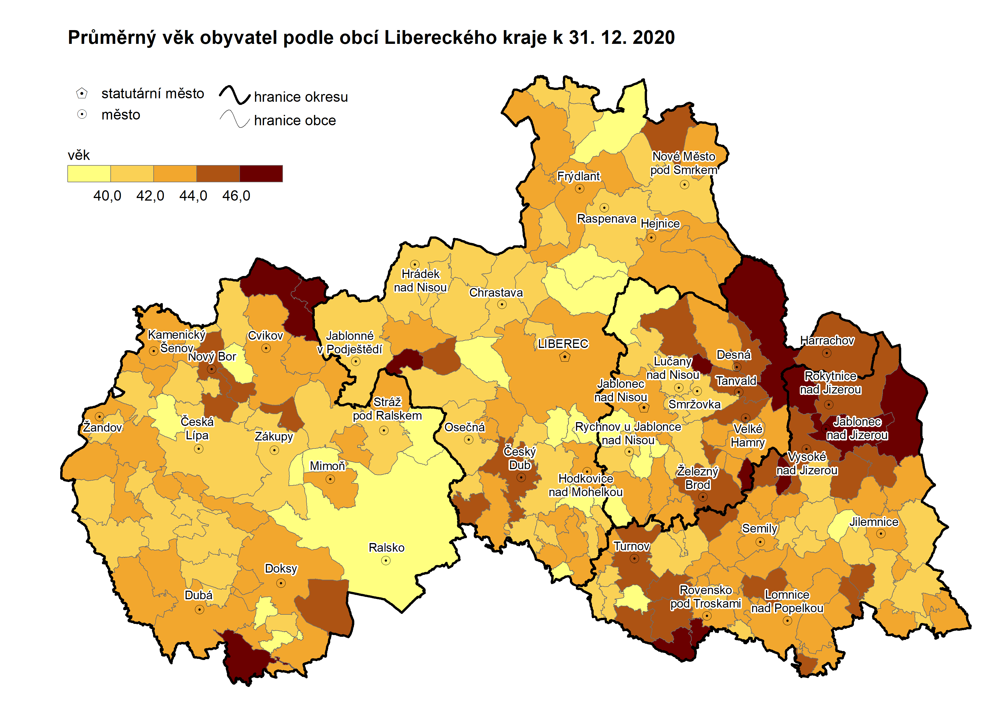 Kartogram: Průměrný věk obyvatel obcí Libereckého kraje