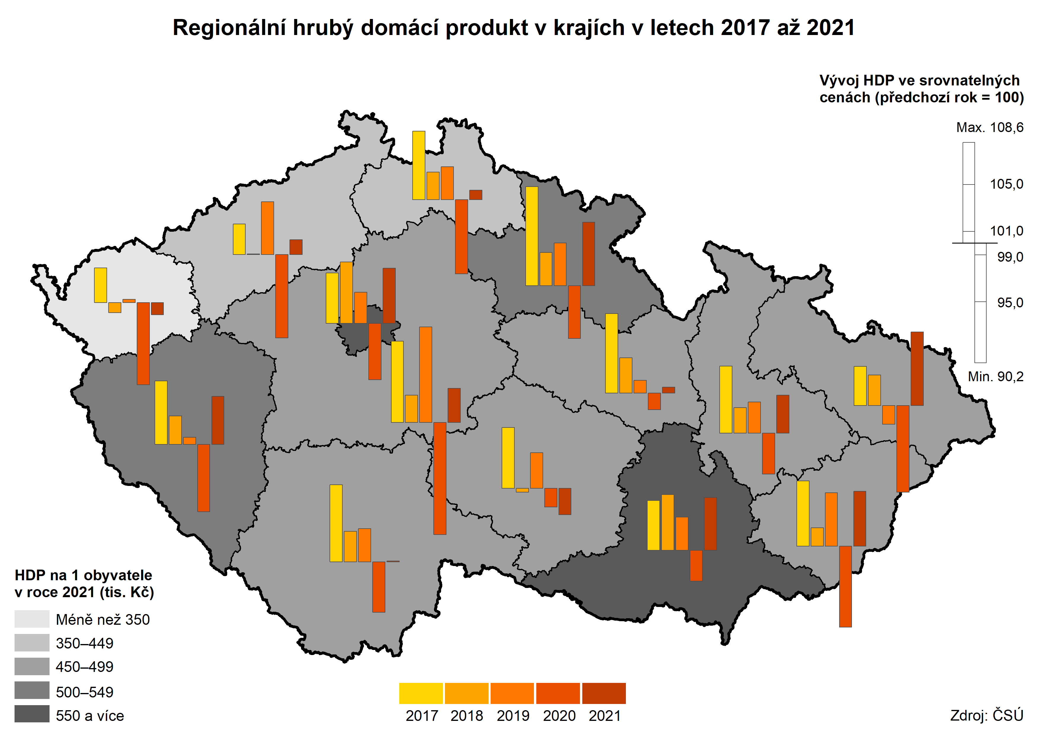 Kartogram: Regionální hrubý domácí produkt v krajích v letech 2017 až 2021