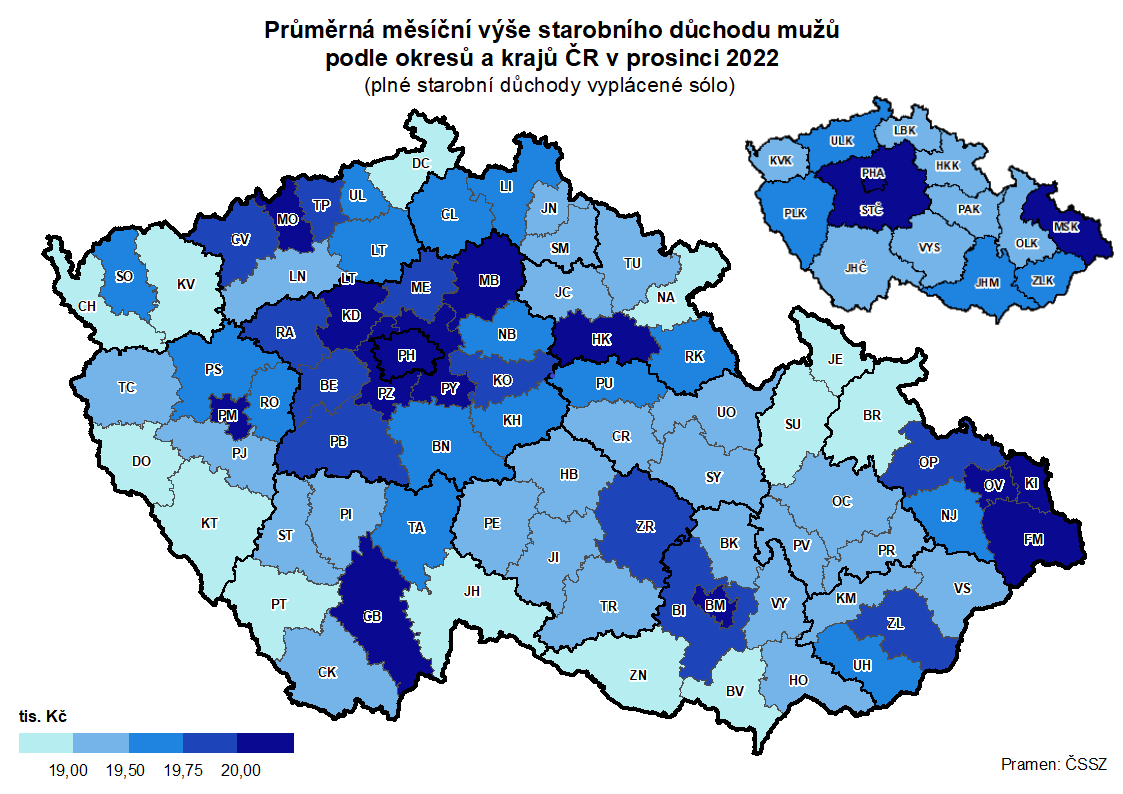 Kartogram: Průměrná měsíční výše starobního důchodu mužů podle okresů a krajů ČR v prosinci 2022 (plné starobní důchody vyplácené sólo)