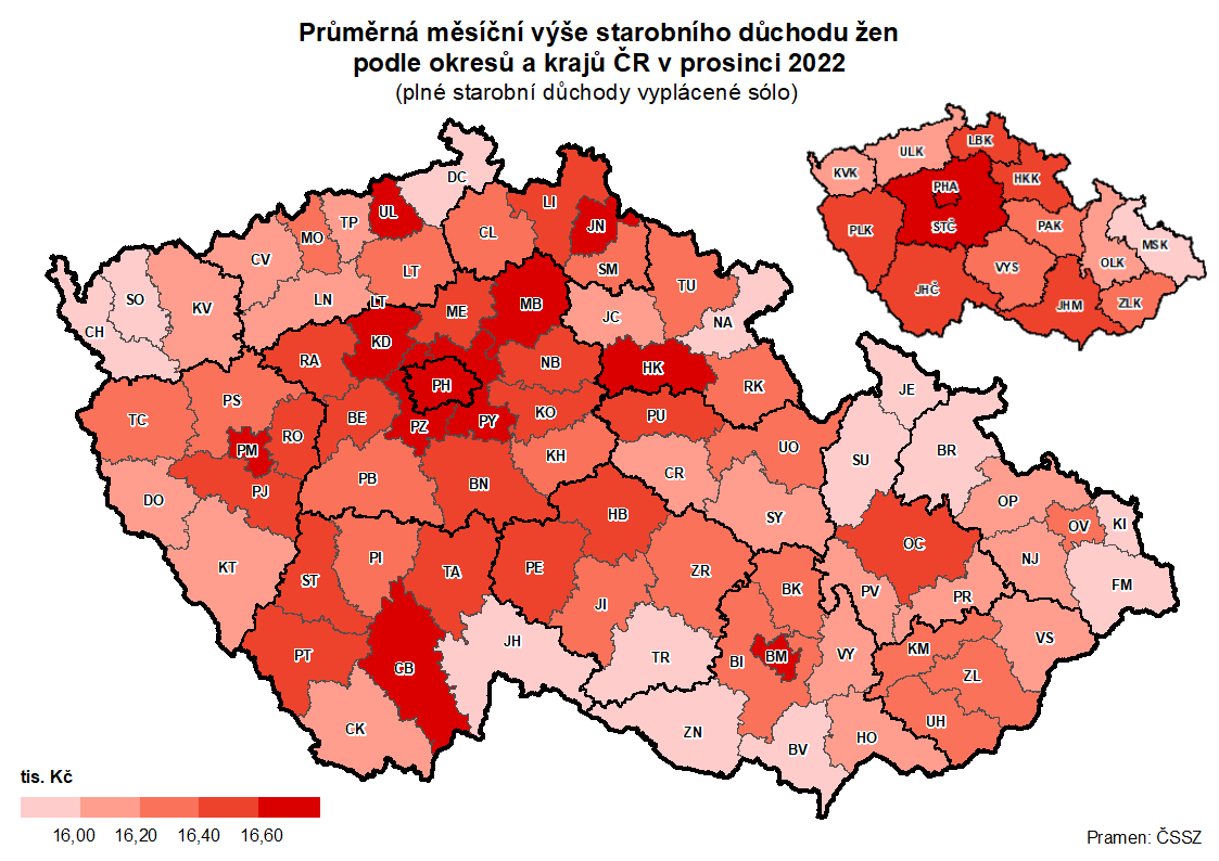  Kartogram: Průměrná měsíční výše starobního důchodu žen podle okresů a krajů ČR v prosinci 2022 (plné starobní důchody vyplácené sólo)