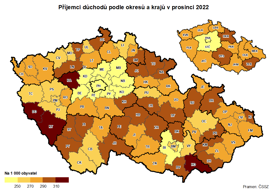 Kartogram: Příjemci důchodů podle okresů a krajů v prosinci 2022