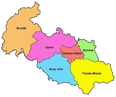 Mapa Moravskoslezského kraje - okresy